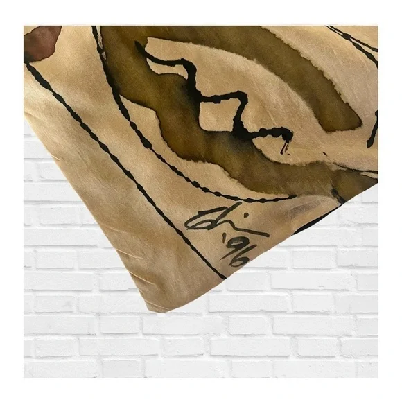 Vintage Hand Painted Silk Reversible Scarf Lagenlook Geometric Art to Wear Tan